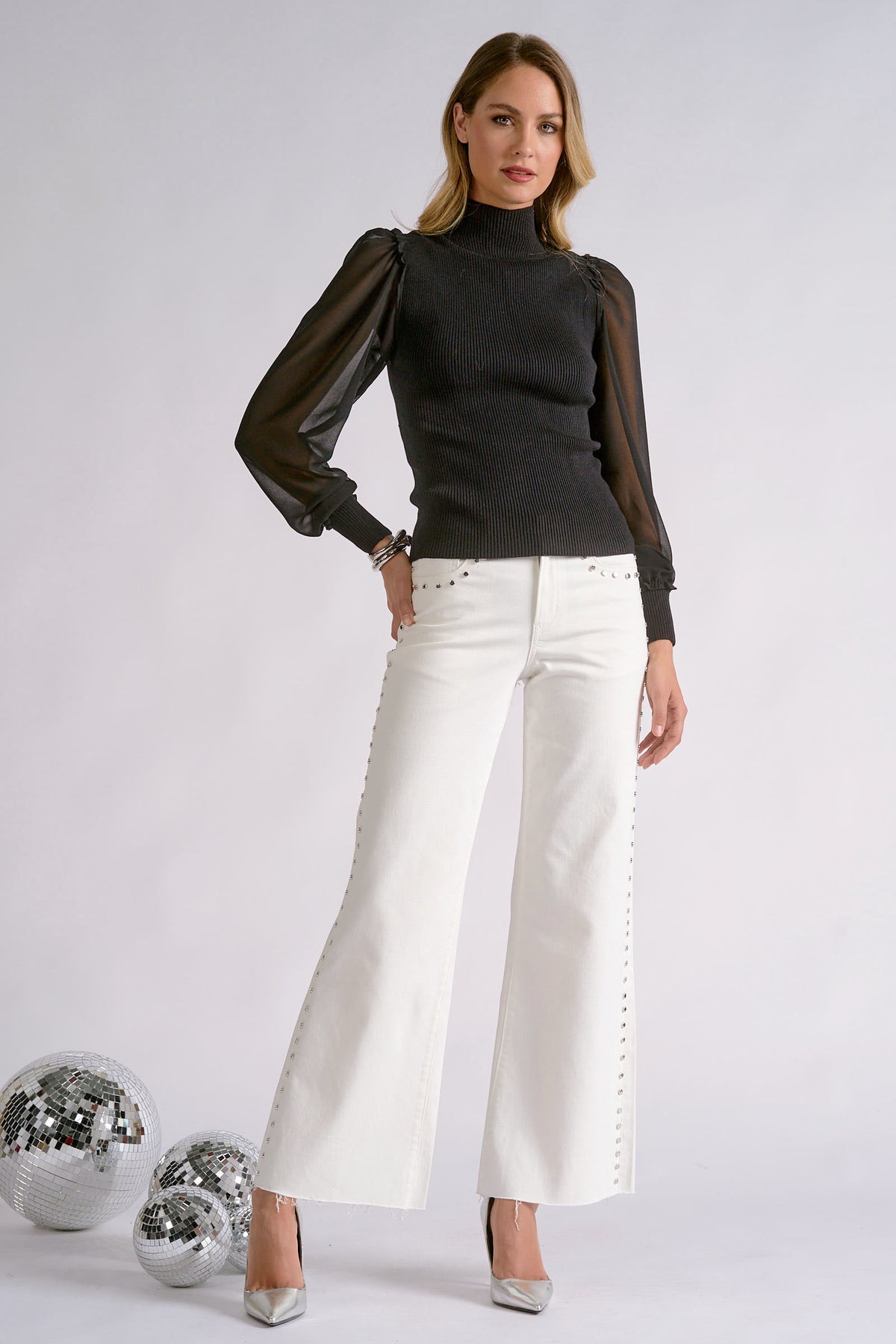 Mock Neck Sheer Sleeve Top