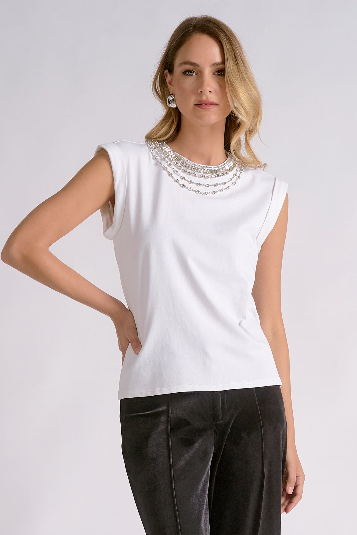 Embellished Collar Cap Sleeve Top