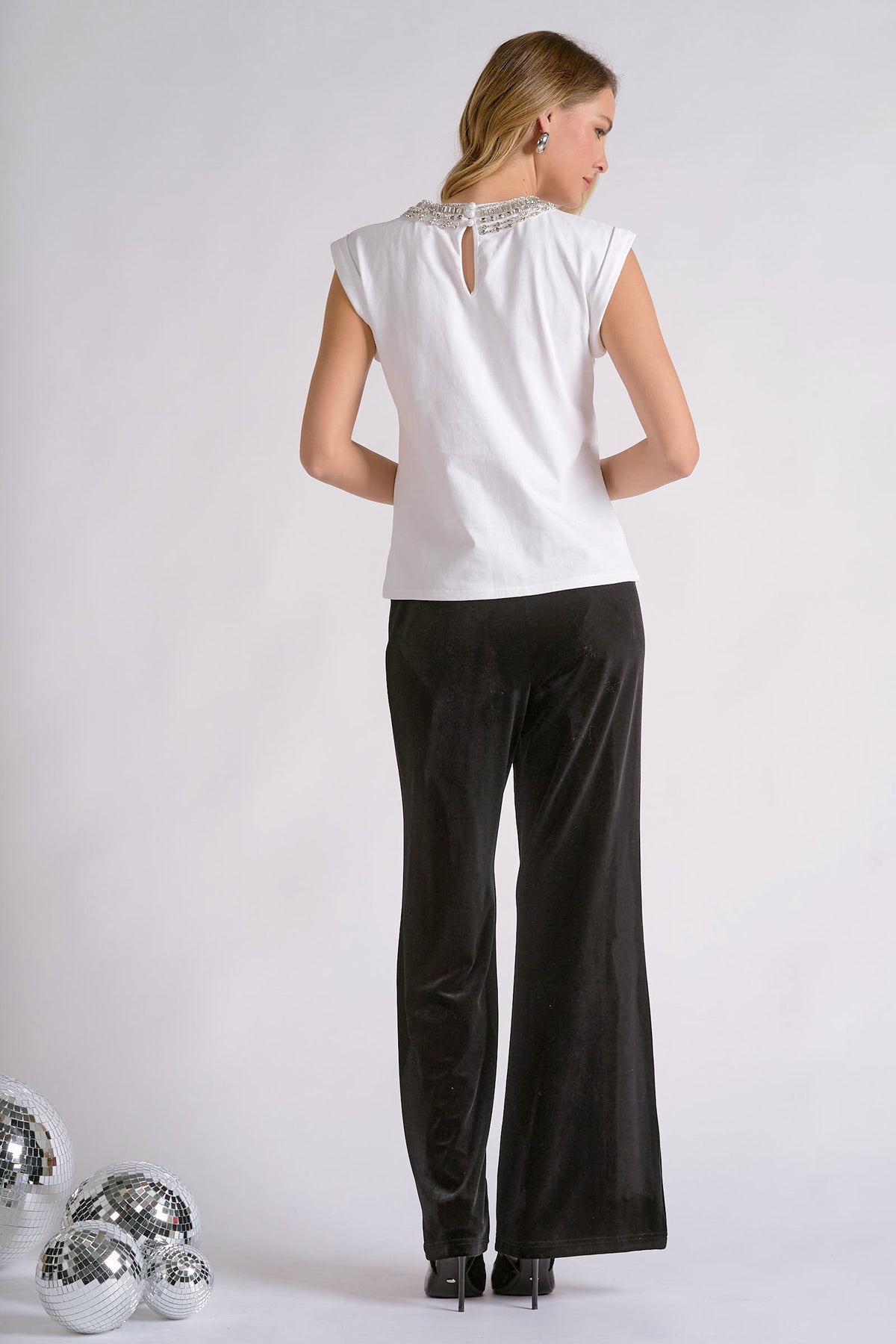 Embellished Collar Cap Sleeve Top