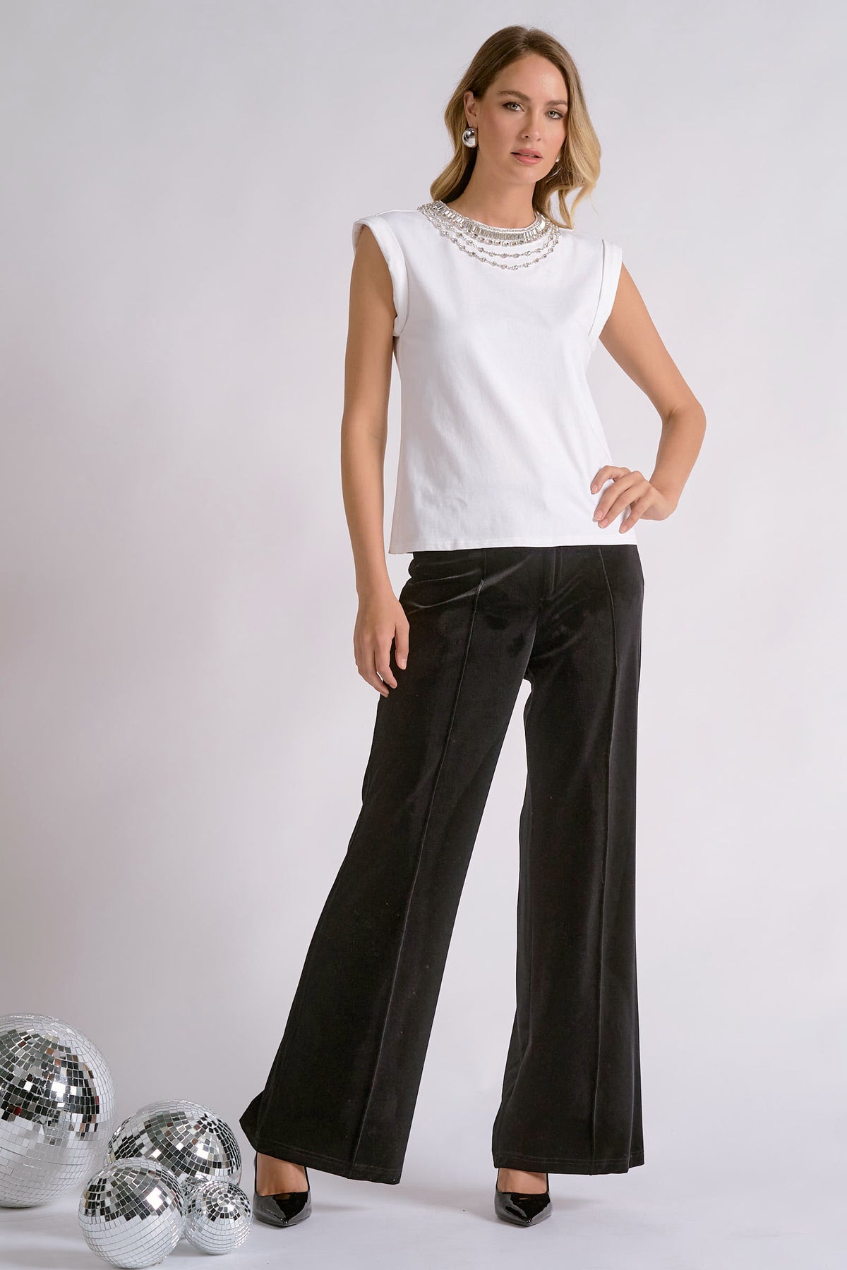 Embellished Collar Cap Sleeve Top
