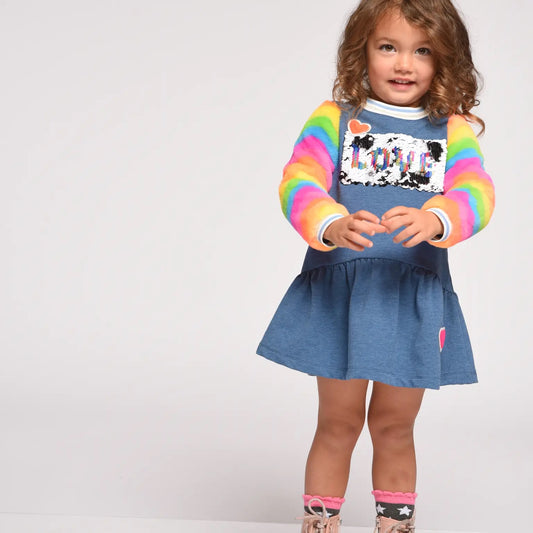 Blue Multi Dress W/ Rainbow Faux Fur Sleeves