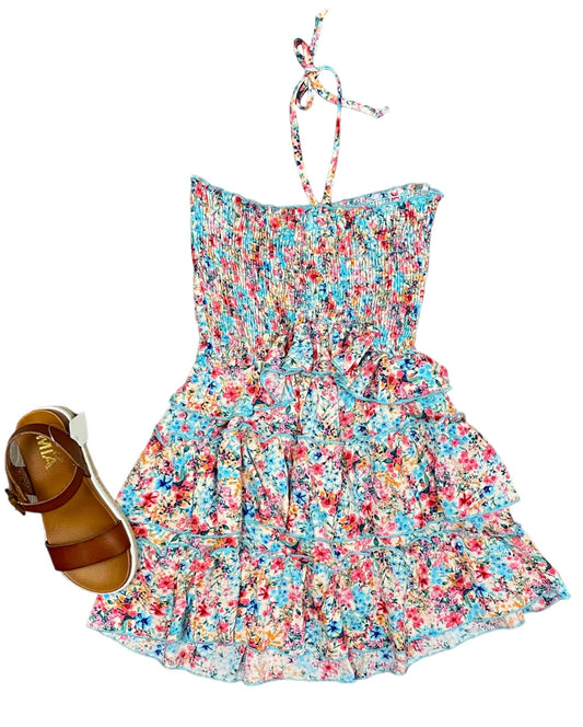 Floral Smocked Tie Halter Dress