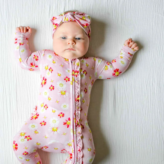 Pink Flower Ruffle Footie